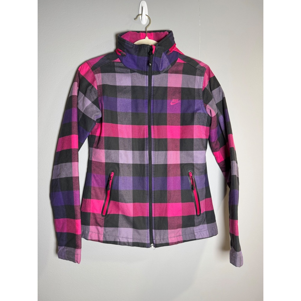 Nike Sportswear Full Zip Flannel Jacket Purple Pink Plaid‎ Hooded Women's Small